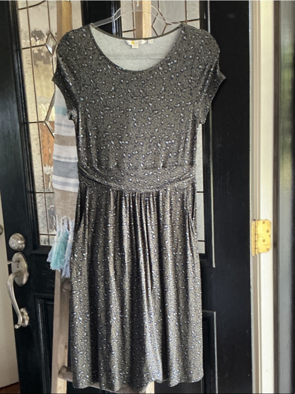 Boden Olive Trim Grey Knit Dress with Navy and Taupe Print